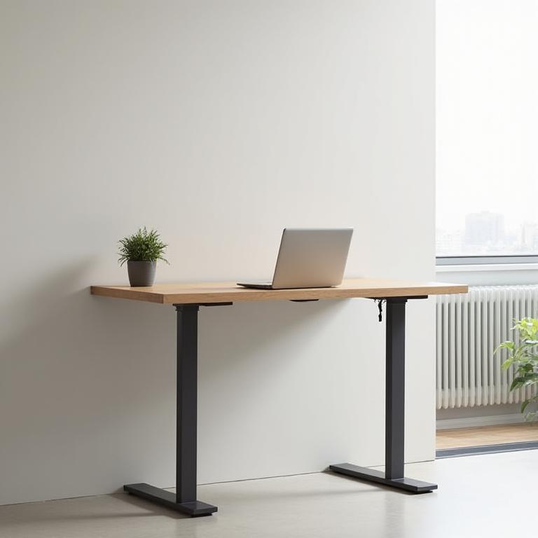 The Shuchu electric standing desk in a minimalist setting.